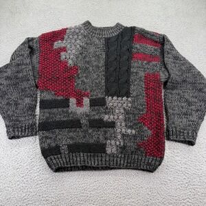 Street Scenes Vintage 90s Abstract Knit Sweater Mens Large Grey Black Red Chunky
